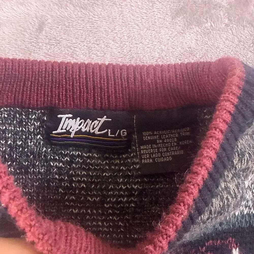 Vintage 90s Impact Sweater Men’s L Gray Burgundy Geometric Leather Patch Baggy